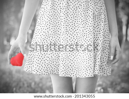 love young girl heart in hand black and white photo Vintage retro style