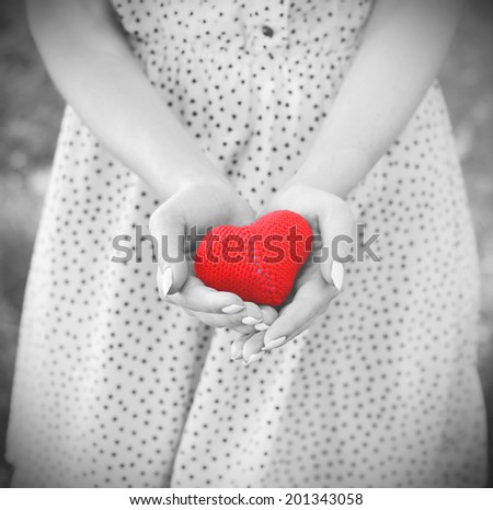 love young girl heart in hand black and white photo Vintage retro style