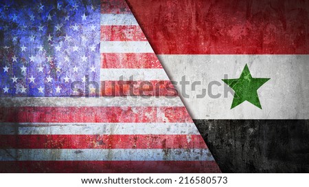 Syria confrontation United States America concept Cold War flag grunge vintage retro style