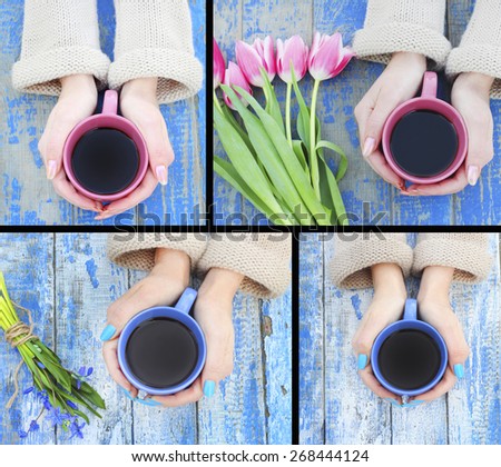 spring flowers in her hand coffee mug