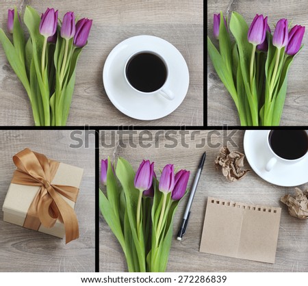 notebook coffee mug flowers tulips vintage wood background