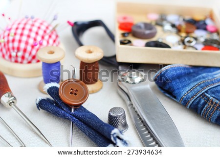 jeans Spools of threads buttons needle for sewing
