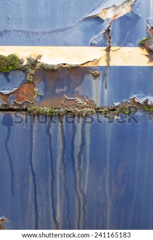 Blue steel metal with water erosion drip, yellow brown rust, crack, tear, and green fungal growth