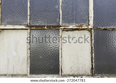 Iron, aluminum texture, with rust, white, beige, cream wall, floor with crack, dents, scratches, window panes