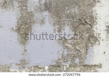 Concrete texture, white, wall, floor with crack, dents, scratches, blue grey paint, and dirt
