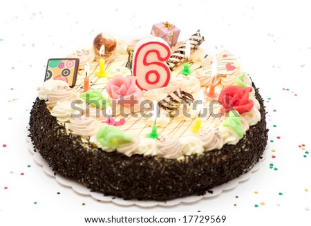 stock photo : Birthday cake 6 years with candles and glitter