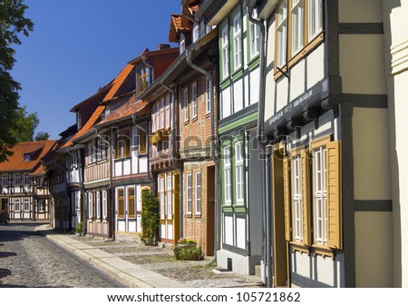 Picturesque half timbered houses in Wernigerode, Germany. Wernigerode is located in the district of Harz, Saxony-Anhalt, and also located on the German Half-Timbered House Road.