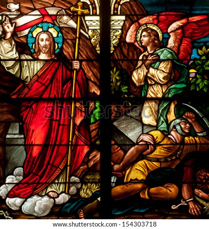 Stained Glass Window Depicting Bible Story Of Easter Resurrection Of Jesus Christ