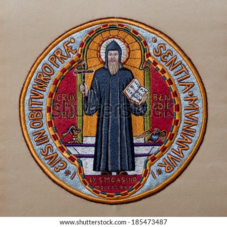 Hand-embroidered Medal of Saint Benedict, made in former Art Needlework Department of Saint Benedict\'s Monastery, St. Joseph, Minnesota