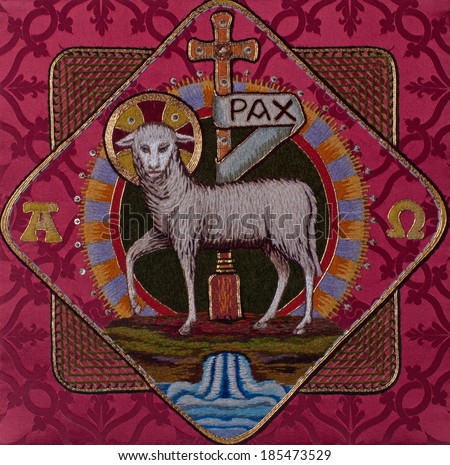 Traditional burse with hand-embroidered Lamb of God Easter symbol, made by Benedictine Sisters in former Art Needlework Department of Saint Benedict\'s Monastery, St. Joseph, Minnesota