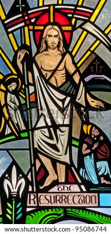 Stained glass window of Easter Resurrection of Jesus Christ