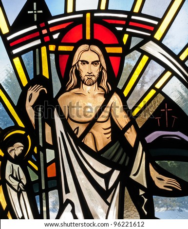 Stained glass window of Easter Resurrection of Jesus Christ