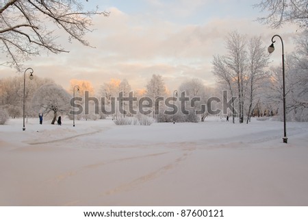 Winter park with trees in frost and people having a good time. Landscape with beautiful sky