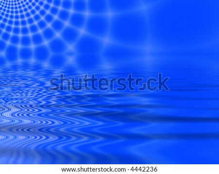 Fractal image of an abstract spider web against a blue sky reflected in water.