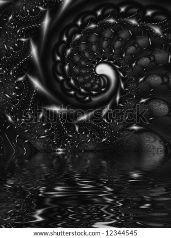 Fractal image depicting a worm hole in deep space reflected in water.