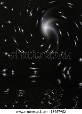 Fractal image depicting a worm hole in deep space reflected in water.