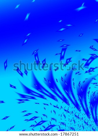 Fractal image of abstract splashing blue sparkling water against the sky.