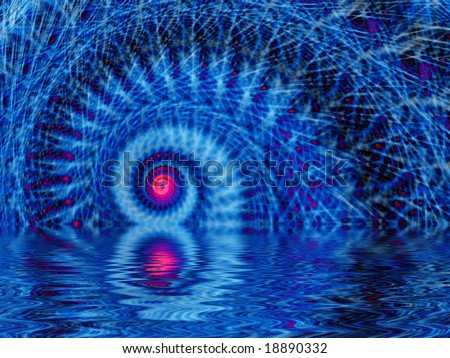 Fractal image depicting a detailed abstract spiral shell reflected in water.