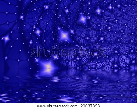 Fractal image of an abstract star galaxy or constellation reflected in water.