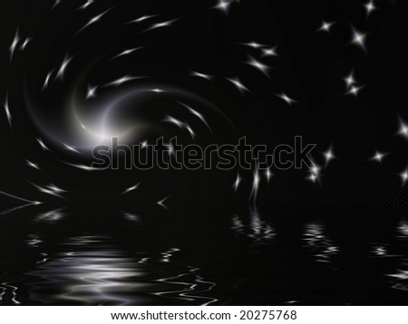 Fractal image depicting a worm hole in deep space reflected in water.