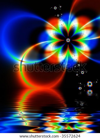 Fractal image of a spring daisy chain reflected in water.