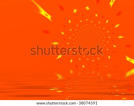 Fractal image representing a massive explosion or lit fireworks reflected in water.