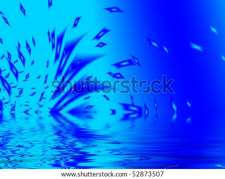 Fractal image of abstract splashing blue sparkling water against the sky with reflection.