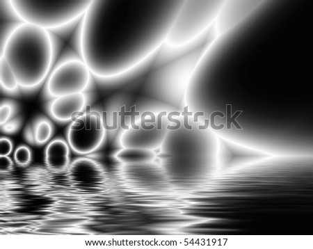 Fractal image of black and white bubbles representing oil for a background reflected in water.