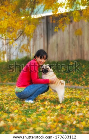 pug pet dog and woman