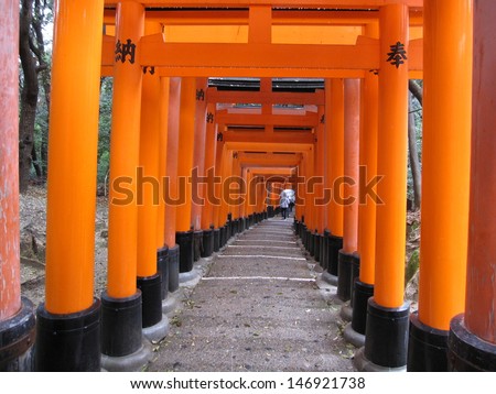 KYOTO, JAPAN - APRIL 12: People drifted through the streets of Fushimi Inari Shrine  Temple to seek blessings for dedicated to the god of rice and sake in April 12 2010 in Kyoto, Japan.