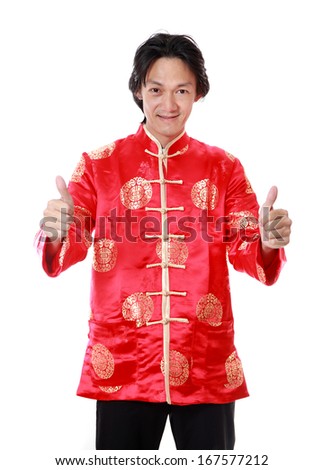 Asian man is smile and hand with thumb up in chinese new year day,on white background