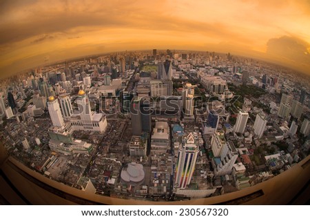 Skyscraper Bangkok downtown top View from top of Thailand,Fish eye view.