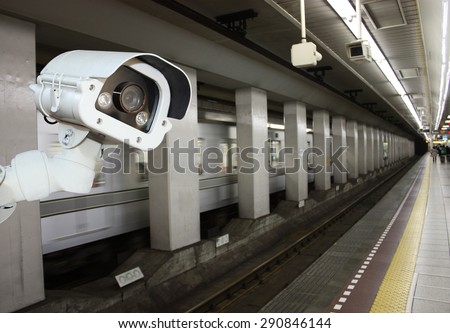 CCTV Camera security operating on subway station platform.underground railways station.