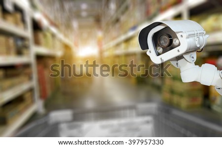CCTV camera system security in shopping mall supermarket blur background.