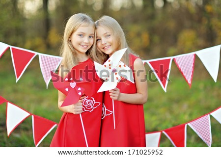 portrait of two sisters with decor style Valentine\'s Day