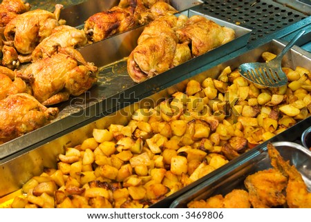 Roasted chickens and potatoes in to the shop
