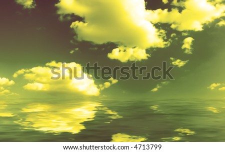 Panorama of blue cloudy sky above the ocean - yellow filter (can be used how background or wallpaper)