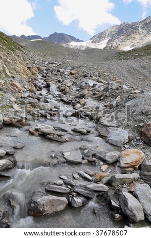 A stream fed by the water of a glacier of Mt. Ortler in the Alps. The glaciers in the Alps are shrinking year by year. Evidence of Global Warming?