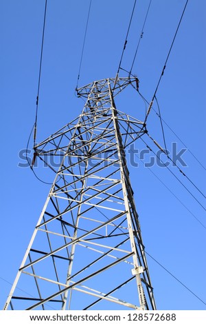 electric tower in the blue sky, steel power transmission facilities, HeBei, North China.