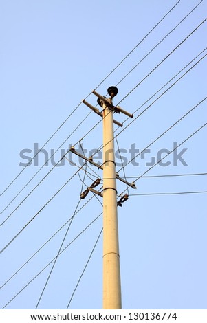 electric wire pole in the blue sky in china rural
