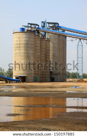 raw material warehouse and a conveyor belt in a cement factory, north china