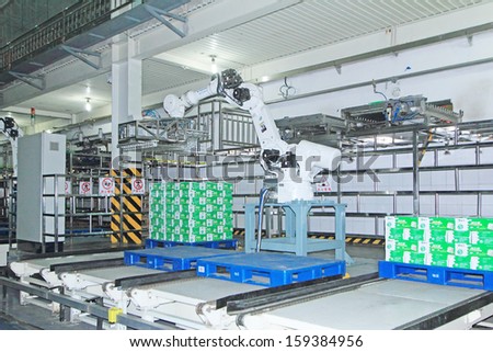 LUANNAN COUNTY - MAY 15: Mechanical arm operation site in Mengniu Dairy Company production line packaging workshop, Luannan County, Hebei Province, China