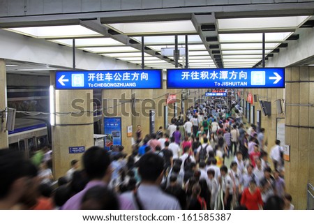 BEIJING - AUGUST 28: Flow of the crowd in a subway station on August 28, 2011, beijing, china.