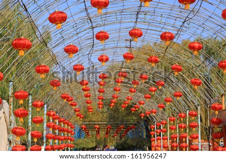 red lanterns hanging in the air in a park, north china