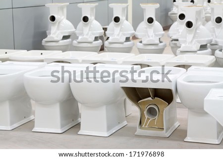 Ceramic toilet semi finished products, in product storeroom