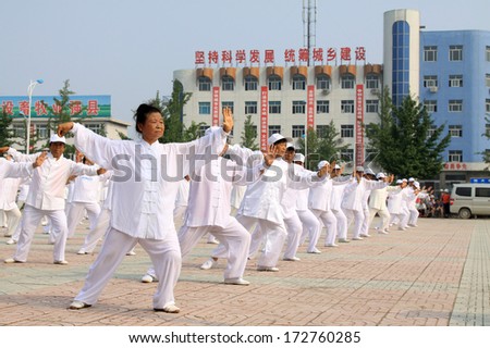 Luannan County, August 8: 24 form tai chi Show in the square on August 8, 2012, Luannan County, Hebei Province, China