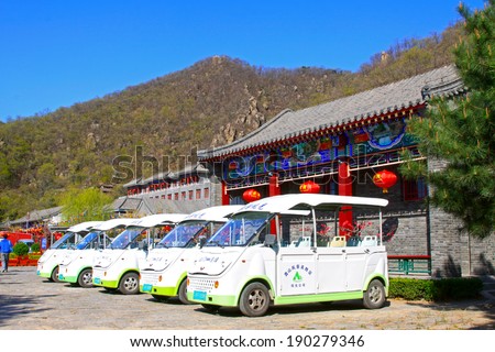 JI COUNTY - APRIL 5: Battery car arranged together in the Panshan Mountain scenic spot, April 5, 2014, ji county, tianjin, China.
