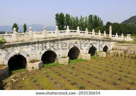 ZUNHUA MAY 18: Ancient China stone bridge landscape architecture in the Eastern Tombs of the Qing Dynasty on may 18, 2014, Zunhua county, Hebei Province, China.