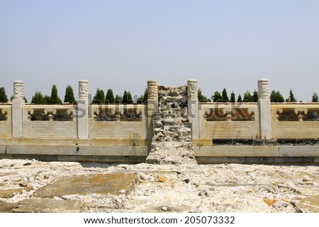 ZUNHUA MAY 18: broken wall and debris white marble railings, Eastern Tombs of the Qing Dynasty on may 18, 2014, Zunhua county, Hebei Province, China.