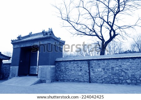 Temple gate in the Zhengjue temple in Old summer palace ruins park, Beijing, China